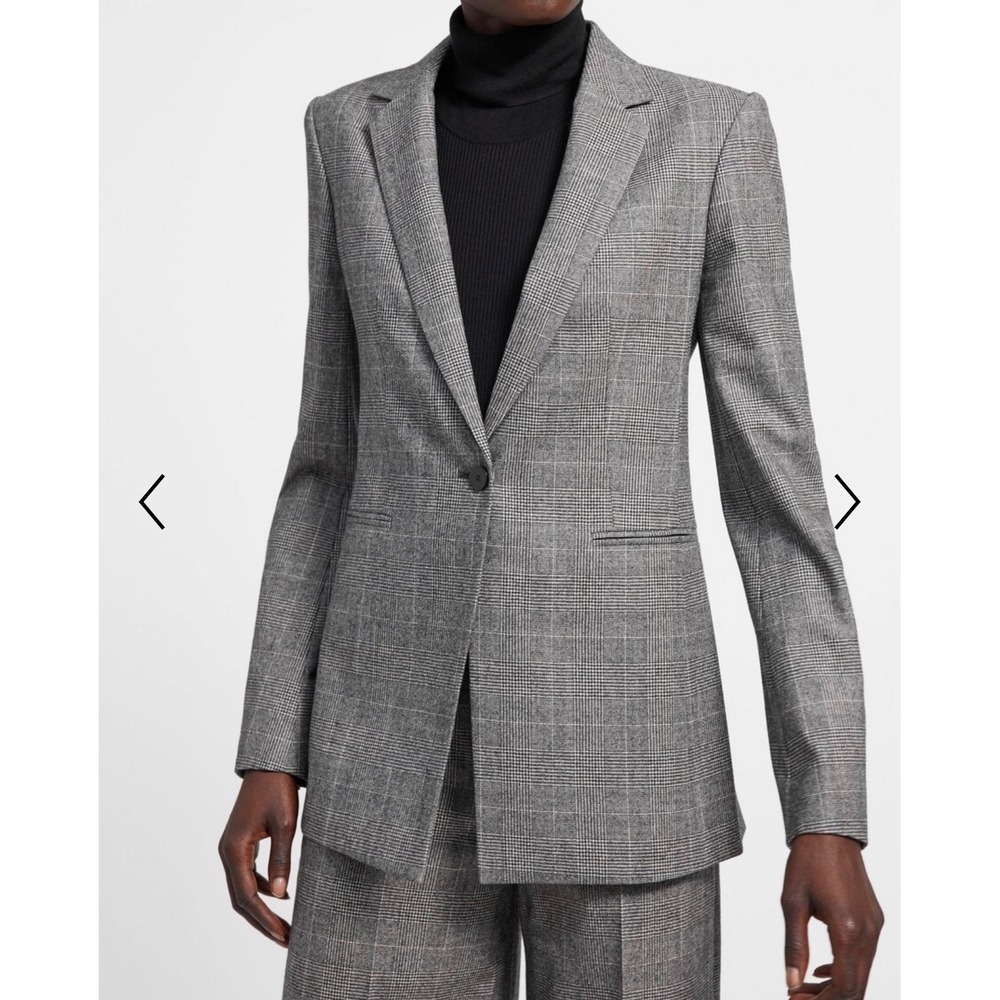 Theory Power Jkt‎ 2 Wales Flannel Grey Virgin Wool Plaid Blazer Sz 2
